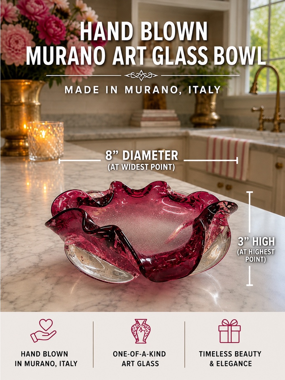 Murano Glass Cranberry Fade Scalloped Bubble Art Glass Splash Bowl | Gorgeous!
